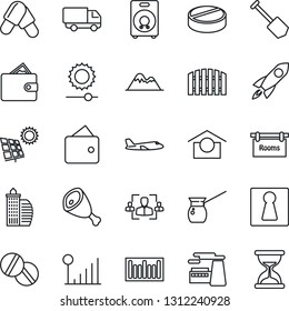 Thin Line Icon Set - female vector, plane, job, factory, pills, car delivery, warehouse storage, barcode, speaker, brightness, cellular signal, hr, sun panel, mountains, fence, rooms, ham, rocket