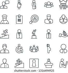 Thin Line Icon Set - female vector, vip, reception, pedestal, disabled, doctor, pregnancy, client, speaker, user, identity card, meeting, manager, career ladder, search, estate agent, waiter, cook