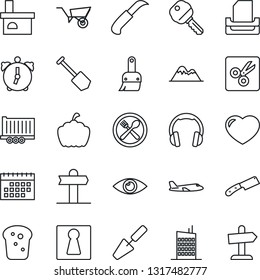 Thin Line Icon Set - female vector, plane, job, trowel, wheelbarrow, garden knife, pumpkin, fireplace, eye, signpost, truck trailer, headphones, heart, themes, alarm, cut, calendar, paper tray, key