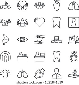 Thin Line Icon Set - female vector, pedestal, team, manager place, heart, hand, stomach, lungs, real, tooth, eye, joint, virus, user, fingerprint id, desk, meeting, group, palm sproute, shining head