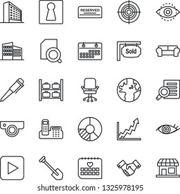 Thin Line Icon Set - female vector, luggage storage, handshake, office building, chair, document search, pen, job, circle chart, eye, medical calendar, earth, play button, id, phone, target