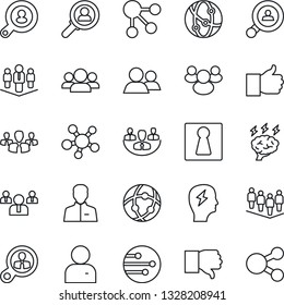 Thin Line Icon Set - female vector, team, brainstorm, network, share, group, finger up, down, user, company, client search, consumer, social media