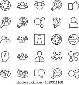 Thin Line Icon Set - female vector, team, brainstorm, network, share, group, finger up, down, user, company, client search, consumer, social media