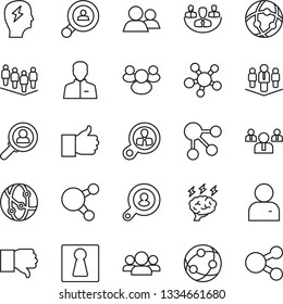 Thin Line Icon Set - female vector, team, brainstorm, network, share, group, finger up, down, user, company, client search, consumer, social media