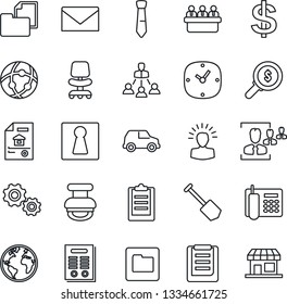 Thin Line Icon Set - female vector, mail, office chair, dollar sign, meeting, job, earth, clipboard, folder document, clock, network, hr, phone, tie, hierarchy, contract, stamp, estate, gear, car