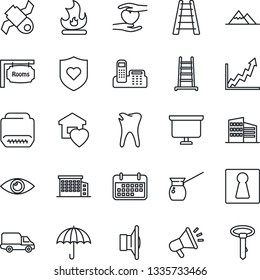 Thin Line Icon Set - female vector, presentation board, ladder, fire, heart shield, hand, caries, eye, satellite, car delivery, term, umbrella, speaker, hdmi, office phone, mountains, rooms, tie