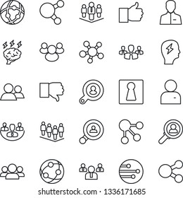 Thin Line Icon Set - female vector, team, brainstorm, network, share, group, finger up, down, user, company, client search, consumer, social media