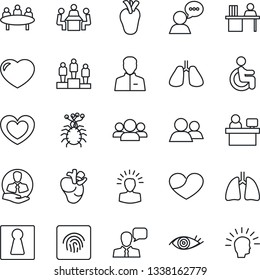 Thin Line Icon Set - female vector, pedestal, meeting, manager place, heart, disabled, lungs, real, eye, virus, client, speaker, group, user, fingerprint id, desk, shining head