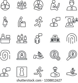 Thin Line Icon Set - female vector, baby room, reception, speaking man, pedestal, manager place, run, hospital, doctor, pregnancy, client, speaker, fingerprint id, hr, company, estate agent