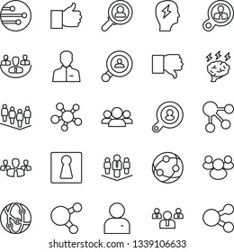 Thin Line Icon Set - female vector, team, brainstorm, network, share, group, finger up, down, user, company, client search, consumer, social media