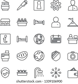 Thin Line Icon Set - female vector, bed, shower, hierarchy, pen, meeting, manager place, seedling, term, shield, camera, network, user, root setup, copier, bedroom, cafe building, steak, information