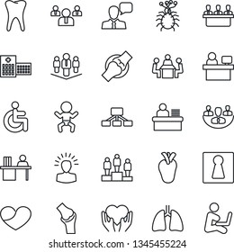 Thin Line Icon Set - female vector, baby, pedestal, team, manager place, disabled, heart hand, lungs, real, tooth, joint, hospital, virus, speaker, company, desk, meeting, shining head, hierarchy