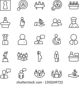 Thin Line Icon Set - female vector, reception, speaking man, pedestal, team, meeting, manager place, disabled, pregnancy, speaker, group, user, company, client search, estate agent, cook, consumer