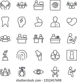 Thin Line Icon Set - female vector, baby, pedestal, team, brainstorm, manager place, heart hand, stomach, tooth, eye, joint, virus, client, user, fingerprint id, desk, meeting, group