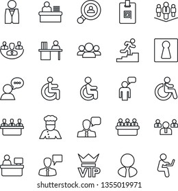 Thin Line Icon Set - female vector, vip, disabled, speaking man, team, meeting, manager place, speaker, company, identity card, desk, career ladder, client search, estate agent, waiter, cook, group