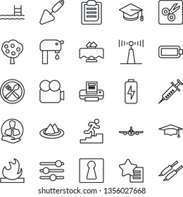Thin Line Icon Set - female vector, plane, graduate, trowel, syringe, client, flammable, antenna, video camera, favorites list, tuning, cut, battery, charge, clipboard, printer, career ladder, pool