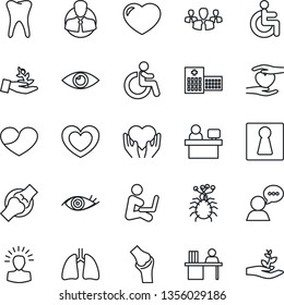 Thin Line Icon Set - female vector, disabled, manager place, heart, hand, lungs, tooth, eye, joint, hospital, virus, client, speaker, desk, group, palm sproute, shining head, man with notebook
