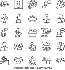 Thin Line Icon Set - female vector, vip, speaking man, pedestal, team, meeting, manager place, disabled, doctor, client, speaker, group, user, hr, desk, career ladder, search, consumer