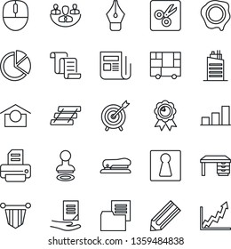 Thin Line Icon Set - female vector, stamp, contract, pennant, medal, mouse, desk, document, pencil, printer, consolidated cargo, folder, warehouse storage, news, cut, company, bar graph, pie, target