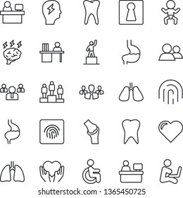 Thin Line Icon Set - female vector, baby, pedestal, team, brainstorm, manager place, heart, disabled, hand, stomach, lungs, tooth, joint, group, fingerprint id, desk, man with notebook