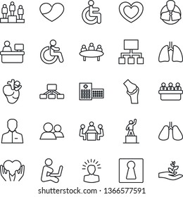 Thin Line Icon Set - female vector, disabled, pedestal, meeting, manager place, heart, hand, lungs, real, joint, hospital, client, group, user, shining head, hierarchy, man with notebook