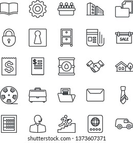 Thin Line Icon Set - female vector, passport, lock, handshake, gear, book, meeting, receipt, folder document, oil barrel, reel, news, case, abacus, support, tie, archive box, career ladder, mail