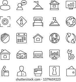 Thin Line Icon Set - female vector, baby room, statistic monitor, house, patient, shield, network, speaker, update, user, calendar, root setup, copier, bedroom, cafe building, cheese, eye scan