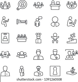 Thin Line Icon Set - female vector, baby, bed, speaking man, meeting, manager place, doctor, user, company, identity card, hr, career ladder, client search, estate agent, cook, group, with notebook