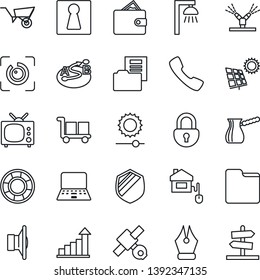 Thin Line Icon Set - female vector, growth statistic, notebook pc, wheelbarrow, satellite, cargo, shield, route, speaker, call, folder, brightness, lock, eye id, document, ink pen, sun panel, tv