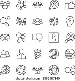 Thin Line Icon Set - female vector, team, brainstorm, network, share, group, finger up, down, user, company, client search, consumer, social media