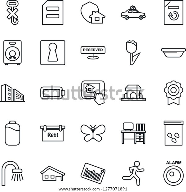 Thin Line Icon Set - female vector, alarm car, desk,\
document, reload, butterfly, seeds, run, no hook, tulip, barcode,\
speaker, battery, sertificate, house with garage, rent, office\
building, cafe