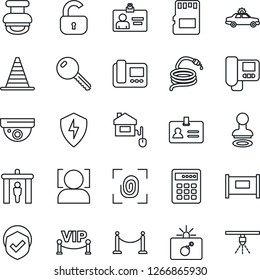 Thin Line Icon Set - fence vector, security gate, alarm car, bomb in case, identity, stamp, border cone, card, hose, shield, protect, sd, face id, key, lock, vip zone, home control, fingerprint