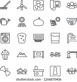 Thin Line Icon Set - fence vector, barrier, female, shower, baggage larry, rake, watering can, pumpkin, fireplace, broken bone, truck trailer, house with tree, sun panel, windmill, mountains, washer