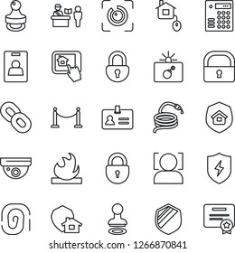 Thin Line Icon Set - fence vector, passport control, bomb in case, identity, stamp, lock, hose, shield, flammable, chain, protect, face id, eye, card, estate insurance, home, app, combination