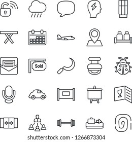 Thin Line Icon Set - fence vector, baggage conveyor, automatic door, plane, presentation board, brainstorm, calendar, lady bug, rain, sickle, picnic table, barbell, pin, car delivery, microphone