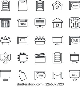 Thin Line Icon Set - fence vector, flight table, presentation board, meeting, clipboard, clapboard, sale, rooms, sold signboard, smart home, cutting, chip