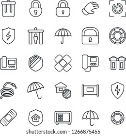 Thin Line Icon Set - fence vector, security gate, umbrella, trash bin, safe, glove, hose, patch, shield, protect, lock, eye id, estate insurance, intercome, water filter, crisis management