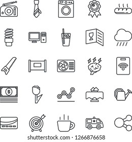 Thin Line Icon Set - fence vector, medal, coffee, brainstorm, watering can, saw, rain, ambulance car, tulip, radio, point graph, tie, restaurant table, wine card, phyto bar, bread, credit, pc, pass