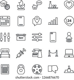 Thin Line Icon Set - fence vector, stamp, notebook pc, factory, fire, heart, syringe, 24 hours, mobile tracking, heavy, reel, settings, finger down, phone back, tuning, calendar, bar graph, rent