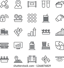 Thin Line Icon Set - fence vector, airport building, growth statistic, monitor, glove, seedling, blood test vial, route, navigation, railroad, satellite, menu, application, meeting, office