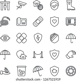 Thin Line Icon Set - fence vector, security gate, umbrella, trash bin, safe, glove, boot, hose, patch, heart shield, protect, eye id, estate insurance, intercome, home, surveillance, palm sproute