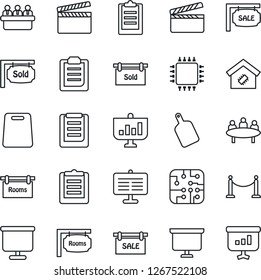 Thin Line Icon Set - fence vector, presentation board, meeting, clipboard, clapboard, sale, rooms, sold signboard, smart home, cutting, chip
