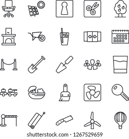 Thin Line Icon Set - fence vector, suitcase, barrier, automatic door, female, baggage larry, trowel, shovel, wheelbarrow, fireplace, themes, cut, calendar, sun panel, windmill, fruit tree, key, fan