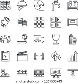Thin Line Icon Set - fence vector, checkroom, growth statistic, monitor, glove, seedling, blood test vial, pulse clipboard, route, navigation, railroad, fragile, heavy scales, clapboard, dialog