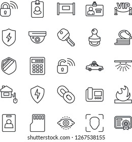 Thin Line Icon Set - fence vector, alarm car, identity card, hose, shield, flammable, chain, protect, sd, face id, eye, stamp, key, vip zone, home control, wireless lock, intercome, combination