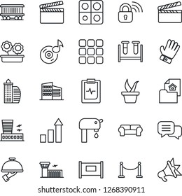 Thin Line Icon Set - fence vector, airport building, growth statistic, seedling, glove, blood test vial, pulse clipboard, railroad, clapboard, dialog, menu, music, application, water supply, office
