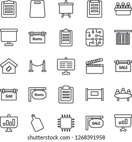 Thin Line Icon Set - fence vector, flight table, presentation board, meeting, clipboard, clapboard, sale, rooms, sold signboard, smart home, cutting, chip