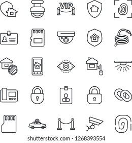 Thin Line Icon Set - fence vector, alarm car, identity, lock, card, hose, chain, sd, eye id, stamp, estate insurance, vip zone, home control, fingerprint, intercome, app, protect, surveillance