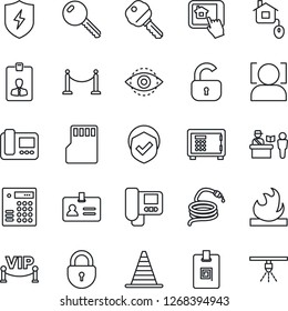 Thin Line Icon Set - fence vector, passport control, identity, border cone, safe, lock, card, hose, shield, flammable, protect, sd, face id, eye, key, vip zone, home, intercome, app, combination