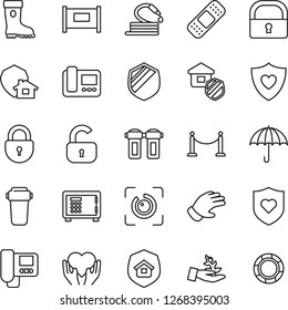 Thin Line Icon Set - fence vector, safe, lock, glove, boot, hose, patch, heart shield, hand, umbrella, eye id, estate insurance, intercome, water filter, home protect, palm sproute